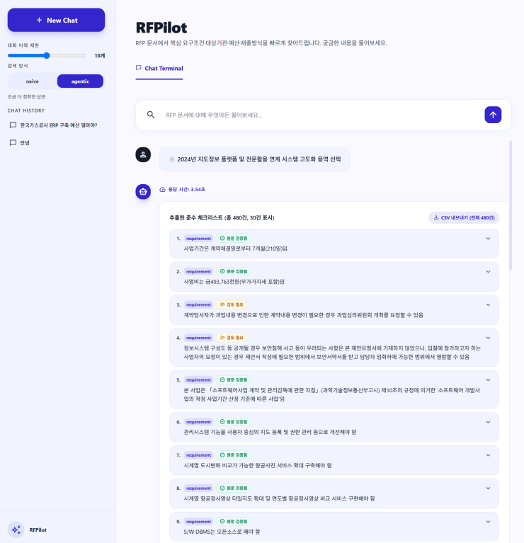 RFPilot — 추출된 준수 요구사항 체크리스트 화면